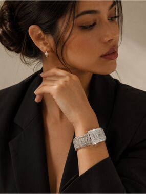 Silver Rhinestone Statement Cuff Bracelet Glam Stretch Wide Bangle